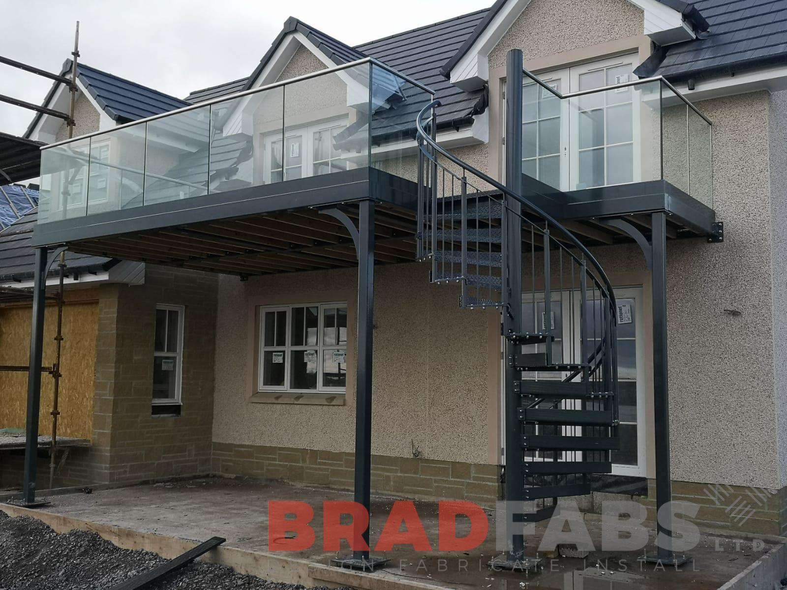 Mild steel galvanised and powder coated balcony with spiral staircase by Bradfabs 