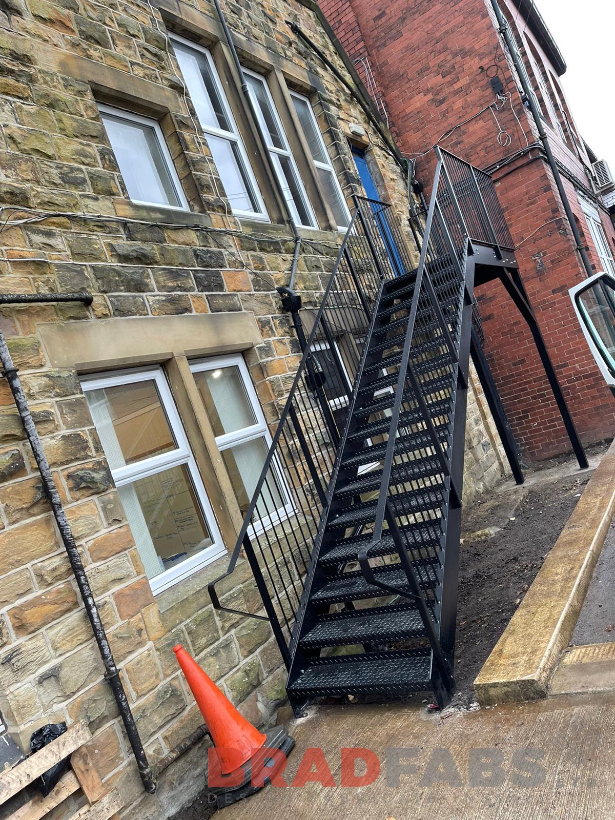 Bradfabs, external staircase, fire escape, emergency stairs, steel staircase, metal staircase, durbar treads, galvanised stairs