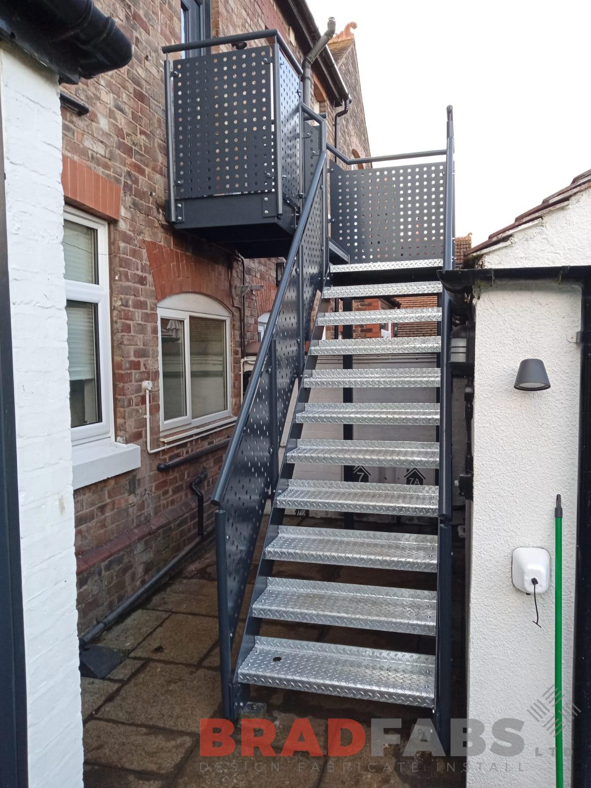 Bradfabs, external staircase, steel staircase, laser cut panelled balustrade, mild steel and galvanised