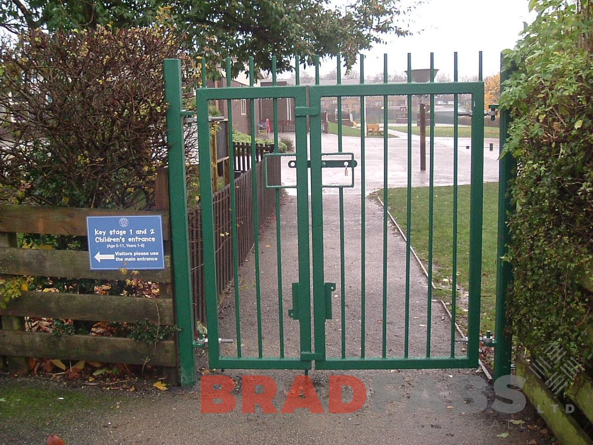 School gates, bespoke gates, mild steel, galvanised and powder coated green by Bradfabs Ltd 