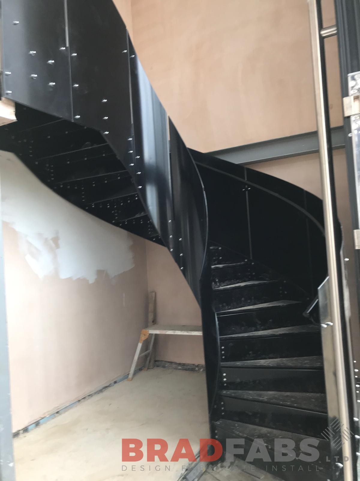 Bradfabs, helix staircase, helical staircase, internal staircase, powder coated black, steel staircase, steel structure, bespoke product