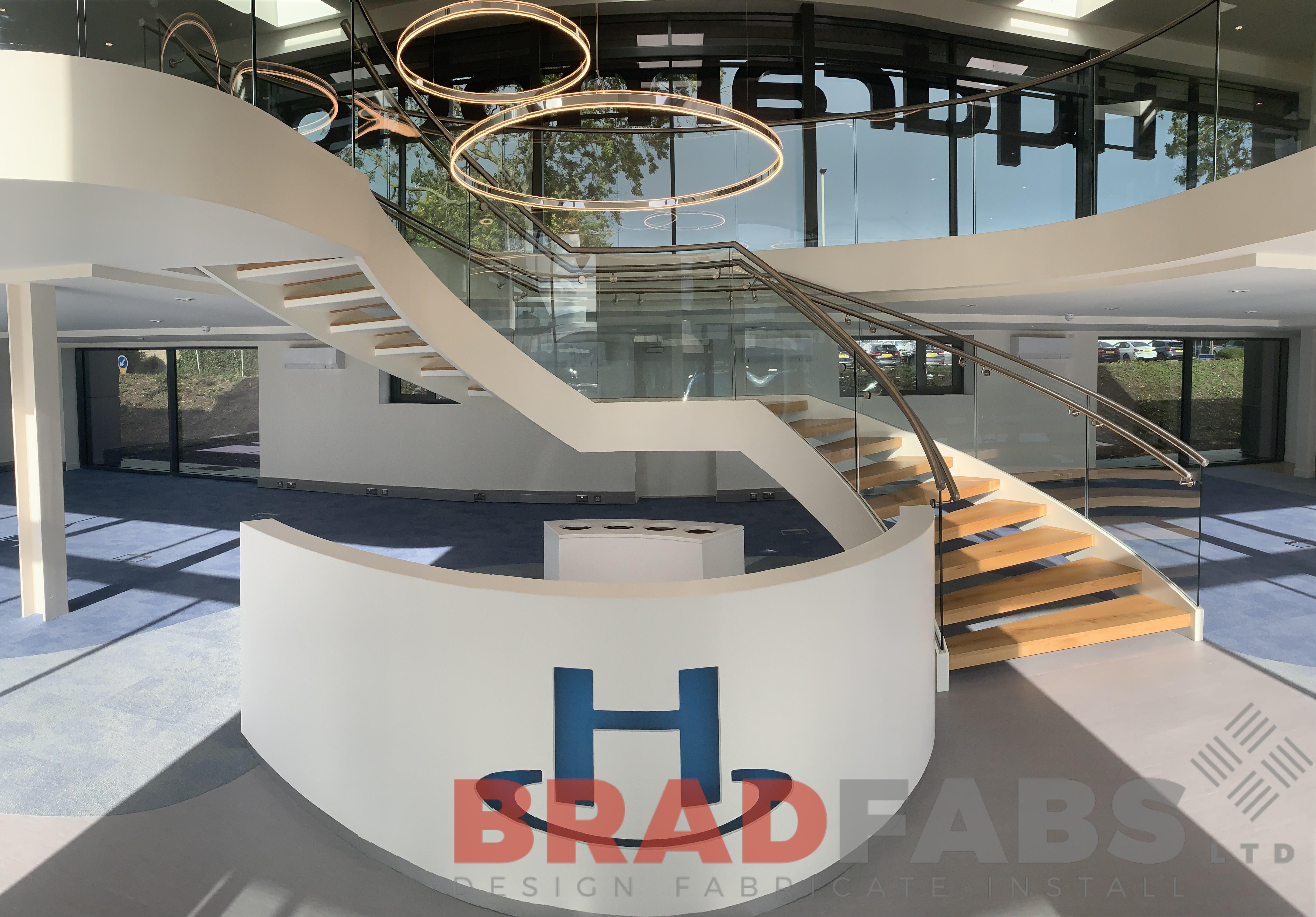 Bradfabs, helix staircase, helical stair, infinity glass, oak treads 