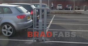 Lamp post steel protectors for car park safety, fabricated and installed by bradfabs in bradford, Bolt down or concrete in lamp post protector