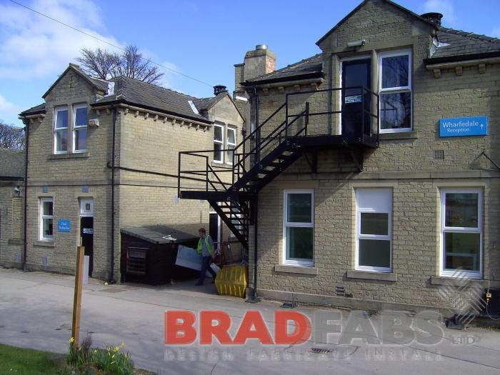 External staircase, emergency exit stairs, galvanised, powder coated, mild steel, Bradfabs UK