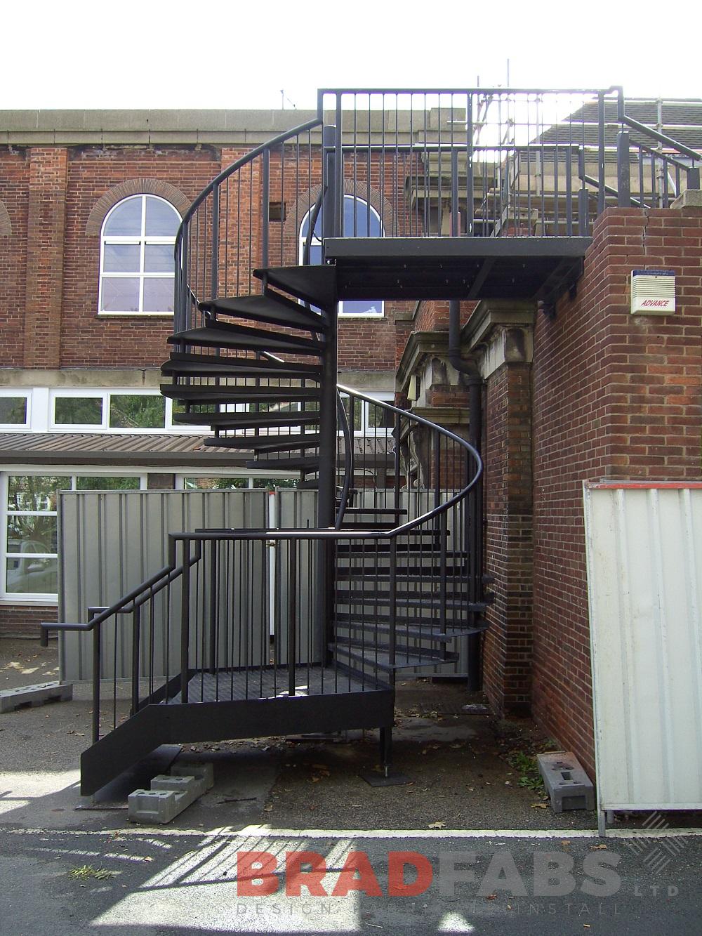 Spiral staircase installed in leeds, external spiral staircase for commercial use, spiral staircase fabricated in bradford by bradfabs