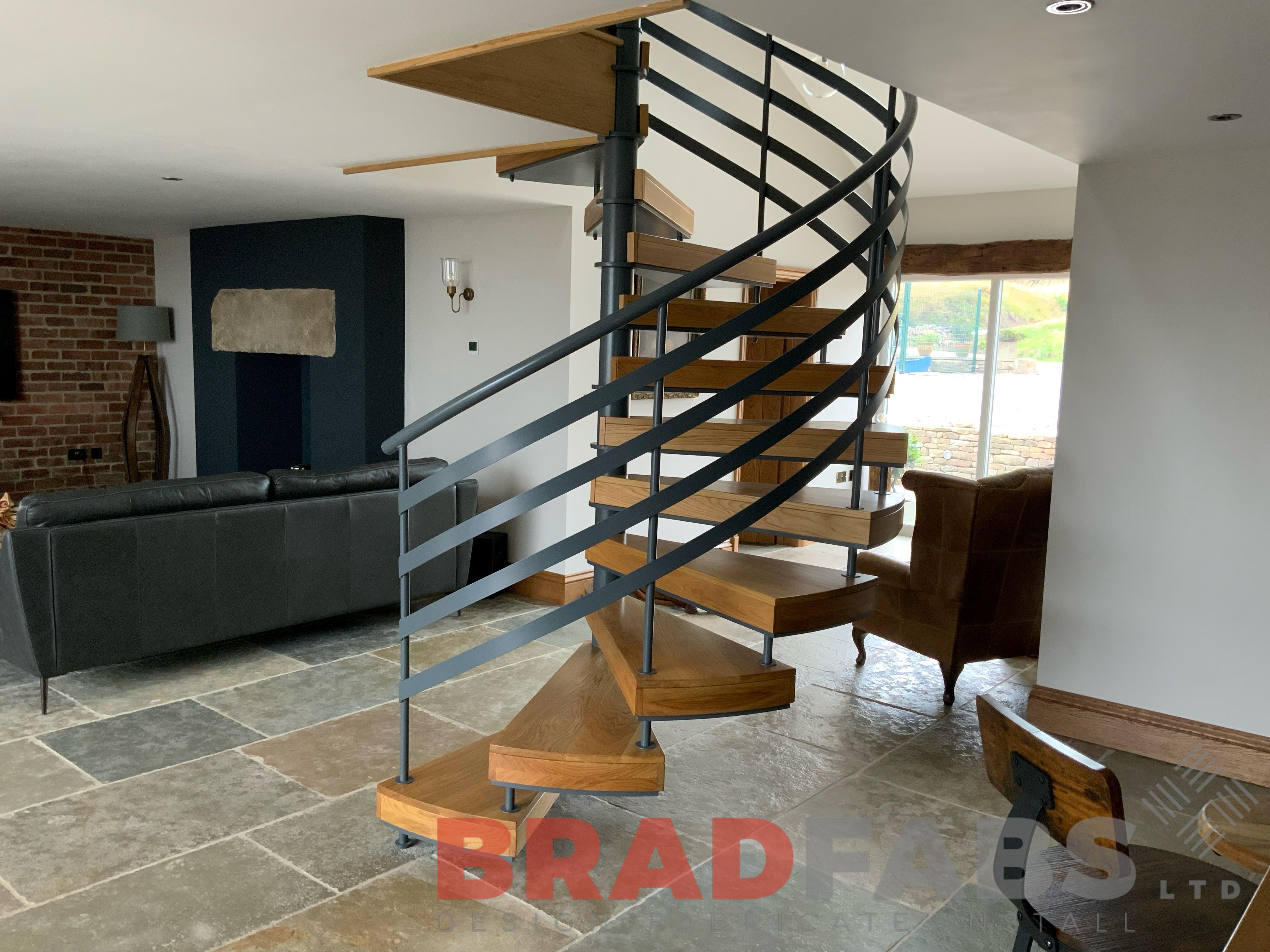 Bradfabs, spiral staircase, bespoke staircase, oak treads, horizontal balustrade 