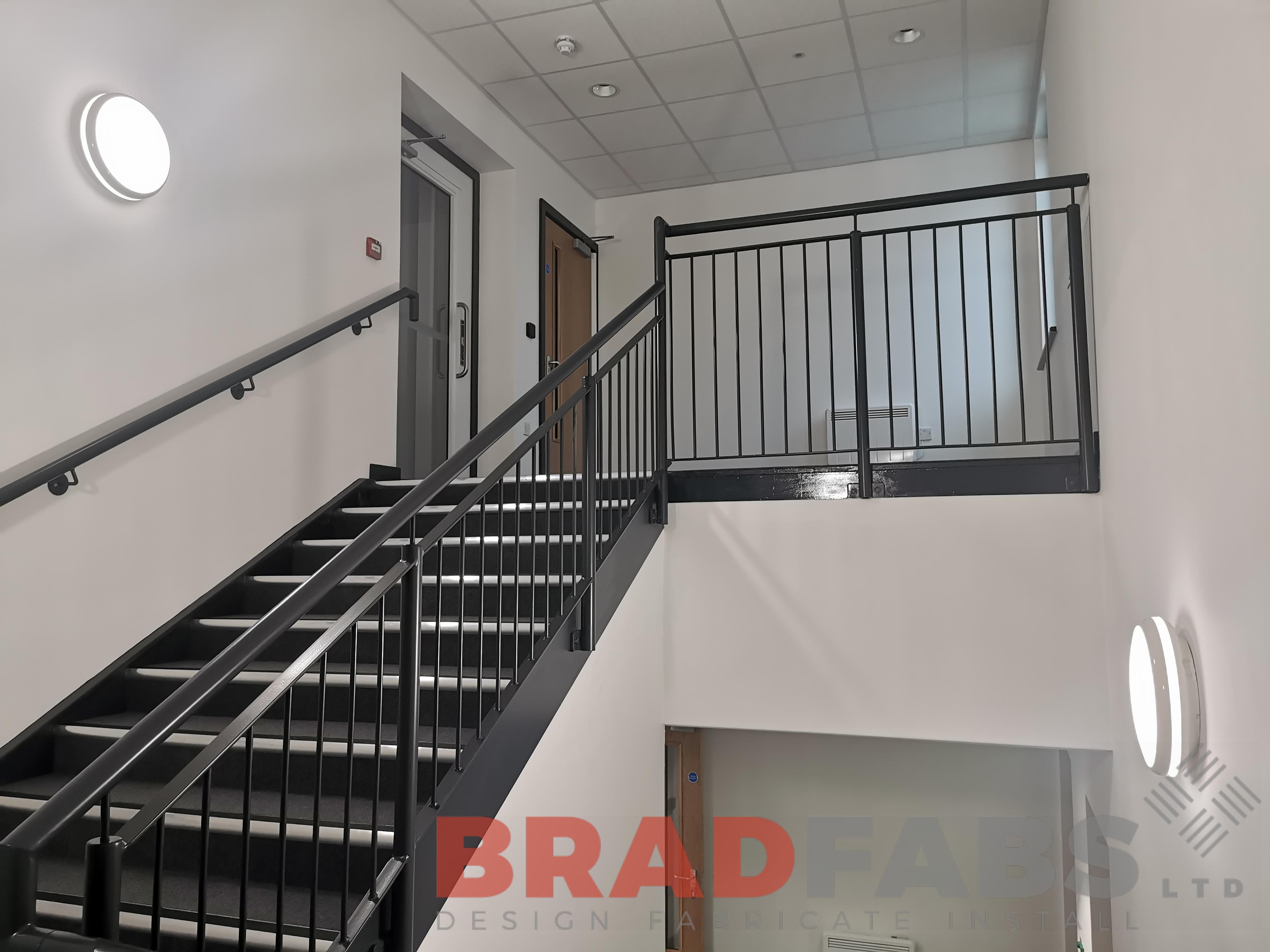 Bradfabs, staircase, internal staircase, school staircase, mild steel staircase, powder coated staircase, vertical bar balustrade +