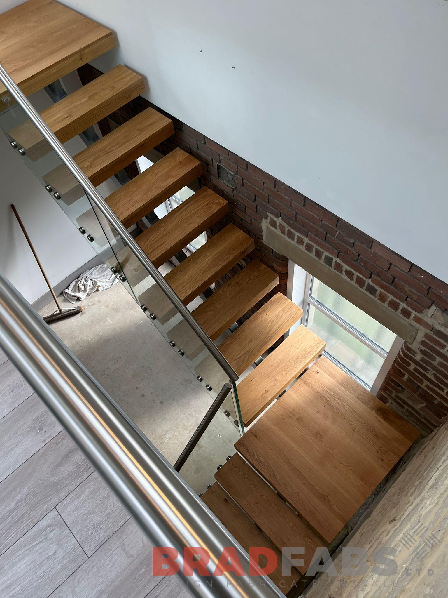 Bradfabs, internal staircase, stainless steel top rail, infinity glass balustrade 