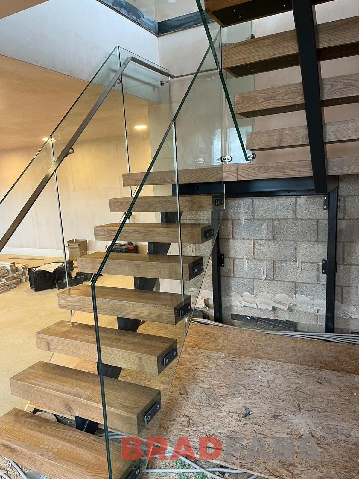 Bradfabs, straight staircase, infinity glass, oak treads 