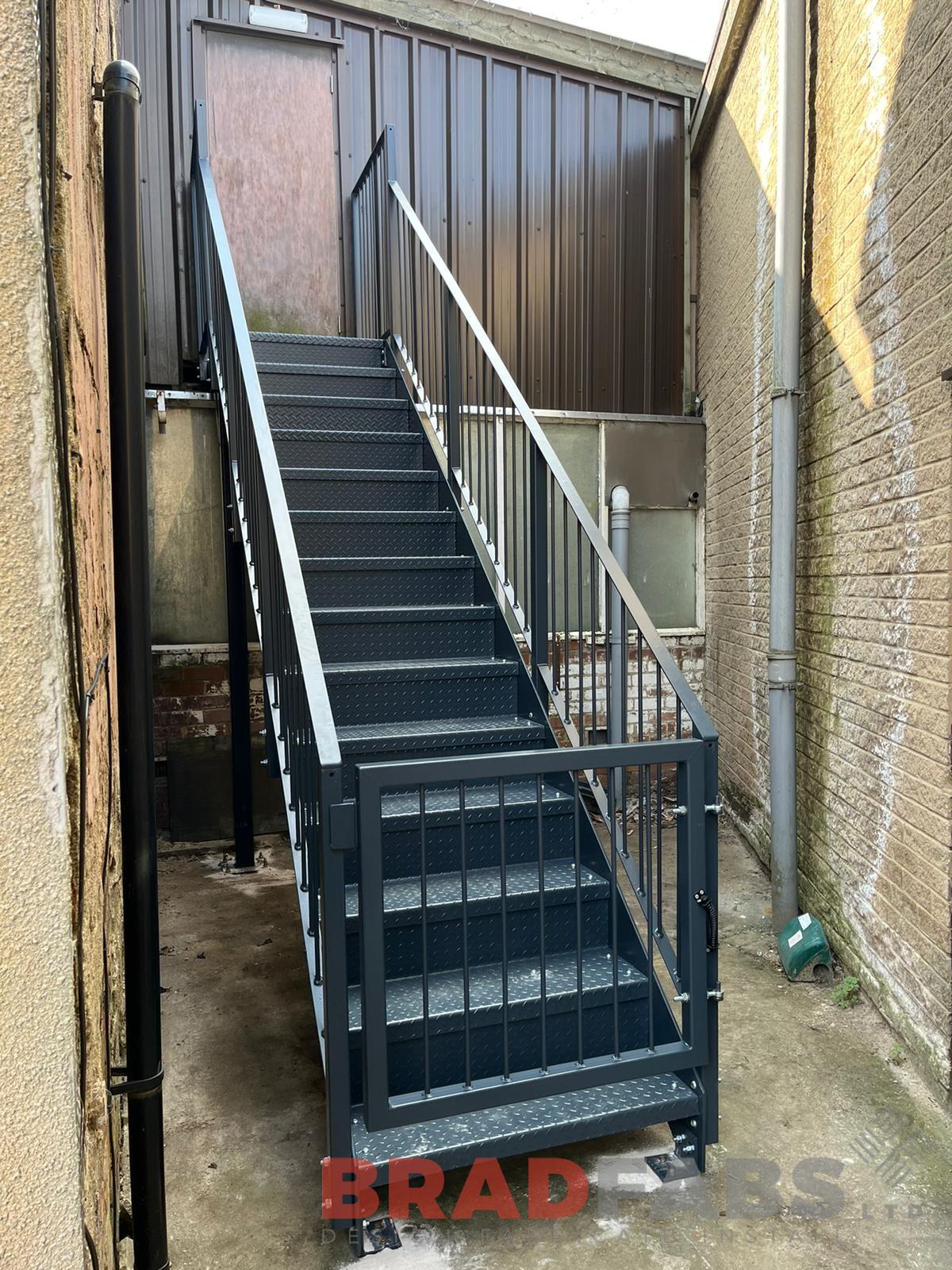 Bradfabs, external staircase, staircase with gate, durbar treads, steel stairs