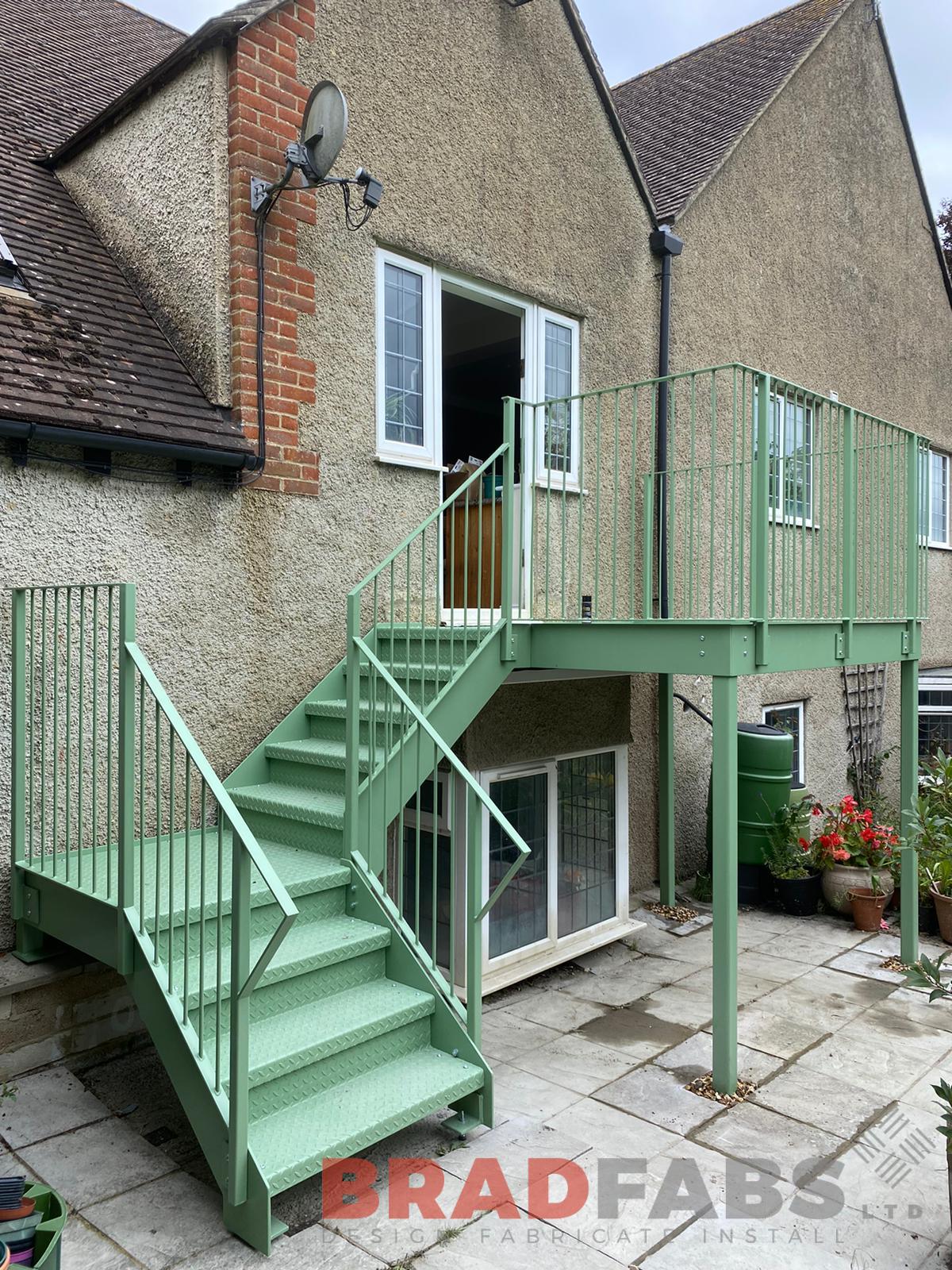 Bradfabs, straight staircase with balcony landing, steelwork, mild steel staircase, galvanised staircase, domestic property staircase, external staircase 