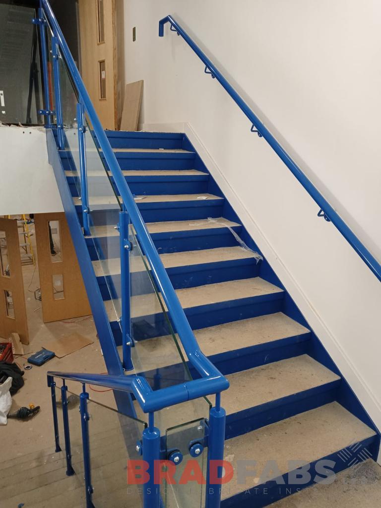 Bradfabs, bespoke straight staircase, school staircase, steel and glass balustrade 