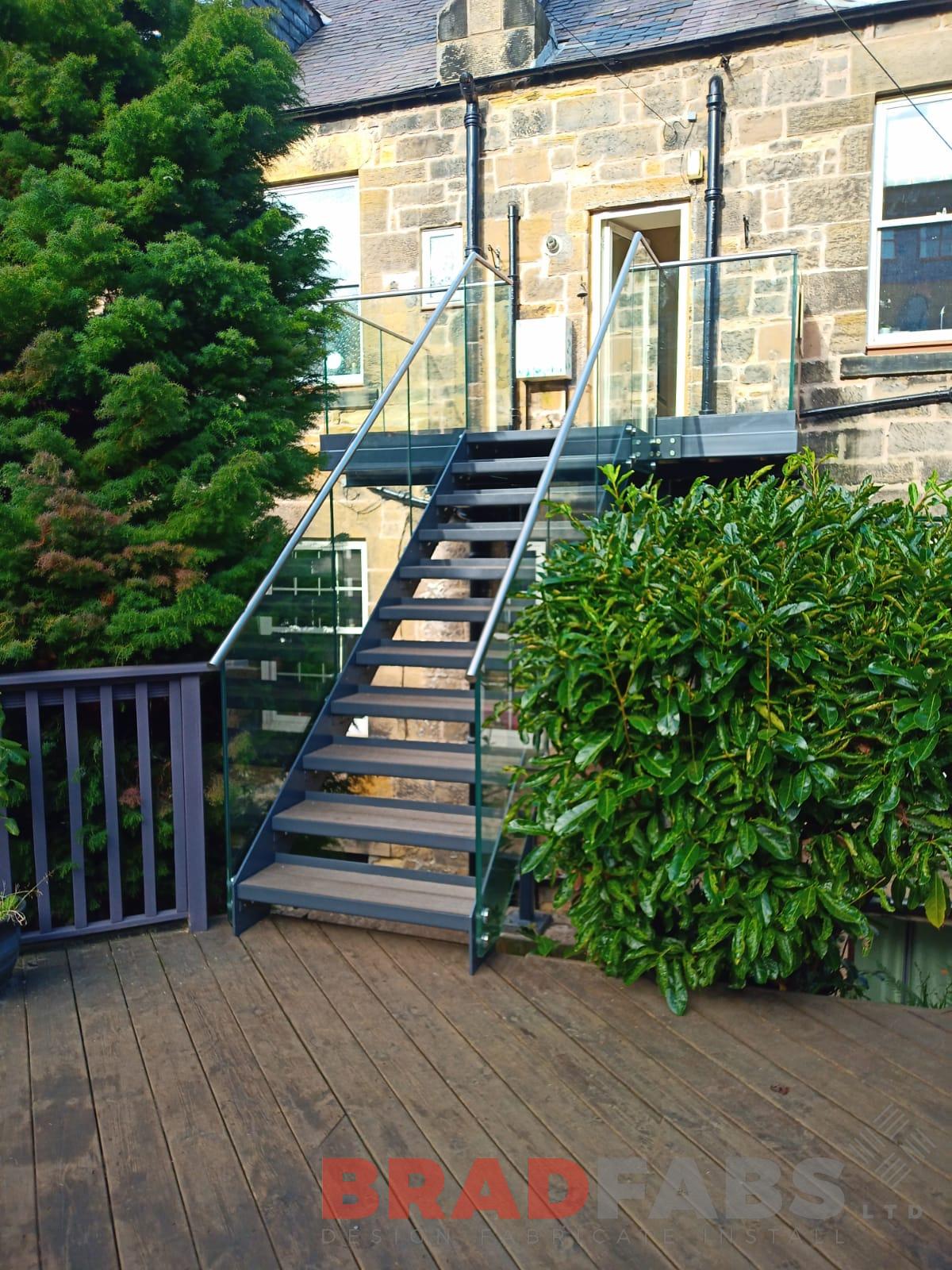 Bradfabs, External straight staircase with bolt on infinity glass and stainless steel top rail 